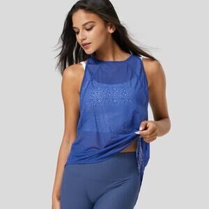 Halara Sheer Cut‎ Out Split Tie Back Leopard Jacquard Tank Top Amparo Blue L NWT